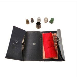 Antique Collectible Black Foldable Sewing Needle Case w/Snap Closure & Thimbles